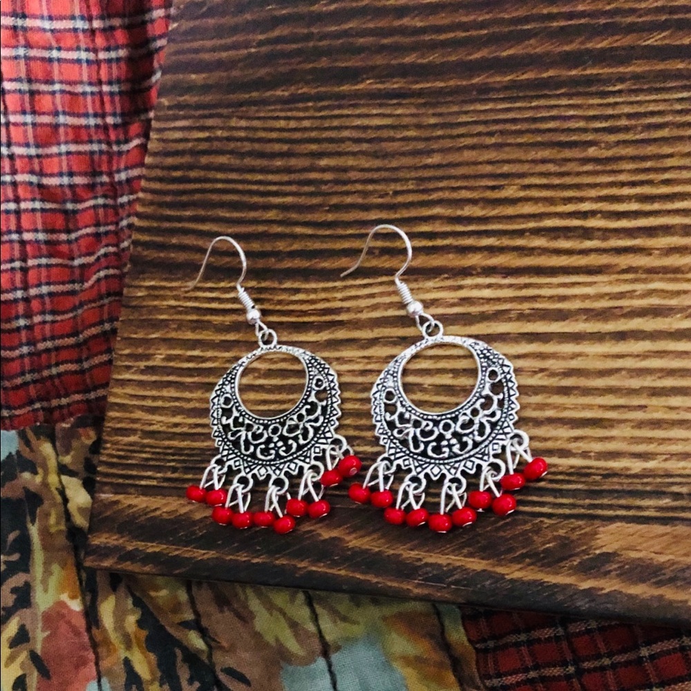 Bohemian Red Chandelier Dangling Earrings NWT